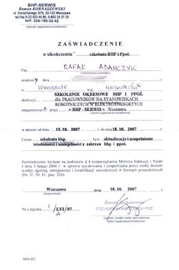Zawiadczenie o ukoczeniu szkoleniu BHP i Ppo